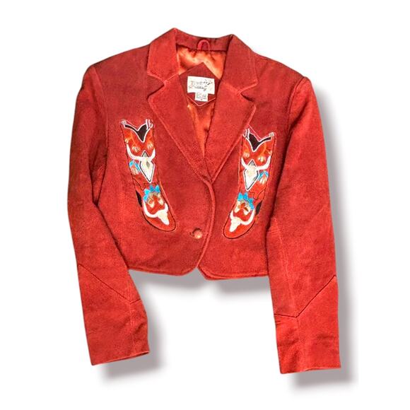 Vintage Jackets & Blazers - Vintage Cowboy Boot Suede Leather Cropped Western Blazer Jacket Boho Cowgirl